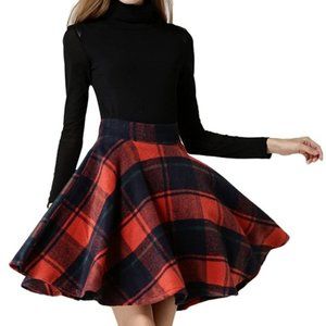 Tanming High Waisted Wool Blend Red Navy Plaid Tartan Circle Skirt Size Large